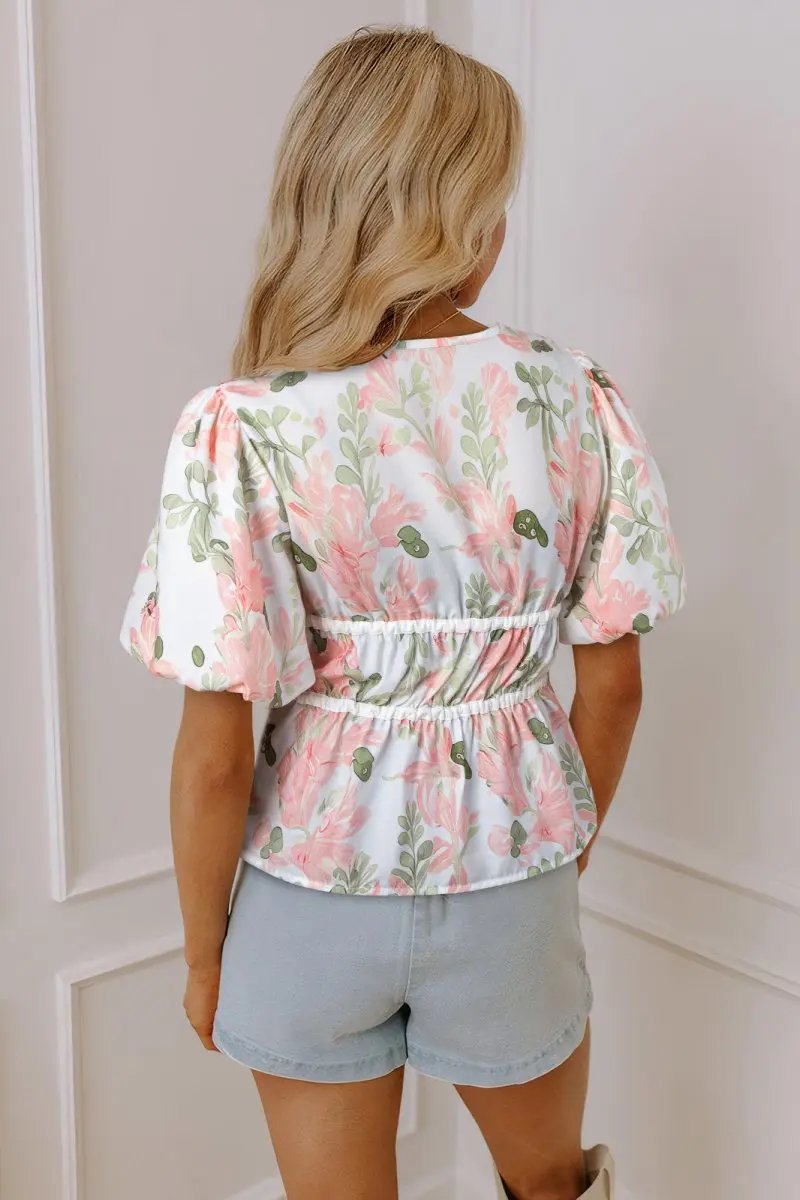 Pink Floral Puff Sleeve V Neck Tied Front Peplum Blouse - Love Salve